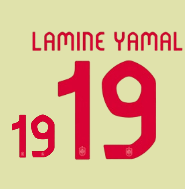 Original EURO 2024 FEF SPANIEN Away Trikot - Flock 26cm - LAMINE YAMAL 19 - sportiger.de